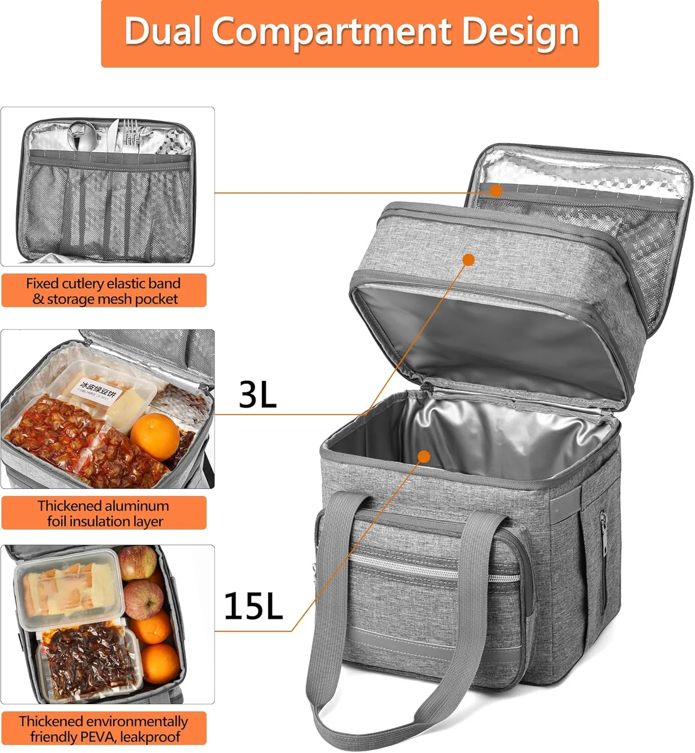 Lunch Box for Women, Insulated Double Deck Lunch Bag for Adults, Leakproof Cooler Lunchbox for Men with Adjustable Shoulder Strap, Gary