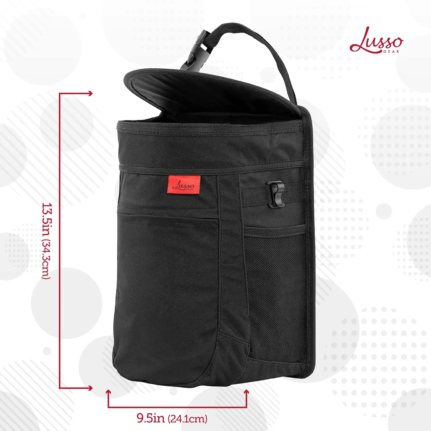 Lusso Gear Spill-Proof Car Trash Can (2.5 Gal) - Easy to Clean Hanging Garbage Bin - Leak Proof & Waterproof for Truck, SUV - Black with Red Stitching