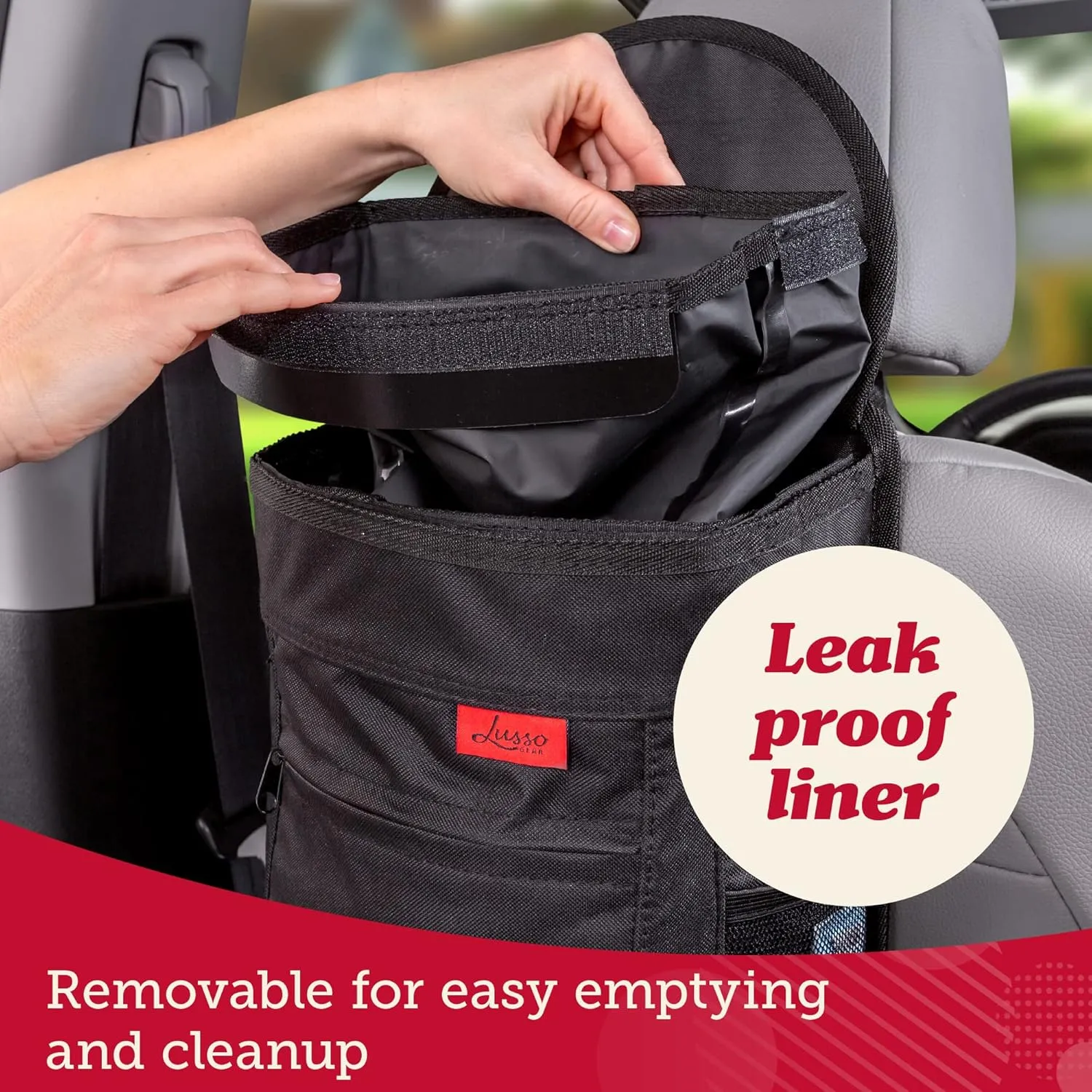 Lusso Gear Spill-Proof Car Trash Can (2.5 Gal) - Easy to Clean Hanging Garbage Bin - Leak Proof & Waterproof for Truck, SUV - Black with Red Stitching