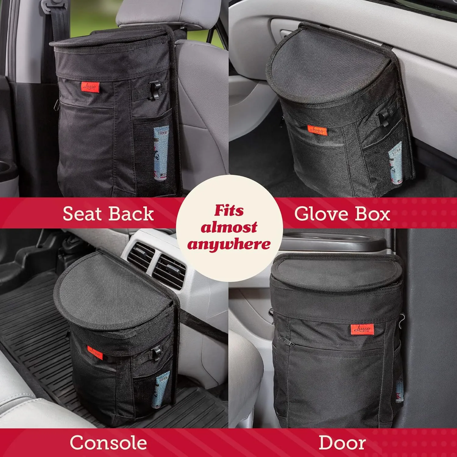 Lusso Gear Spill-Proof Car Trash Can (2.5 Gal) - Easy to Clean Hanging Garbage Bin - Leak Proof & Waterproof for Truck, SUV - Black with Red Stitching