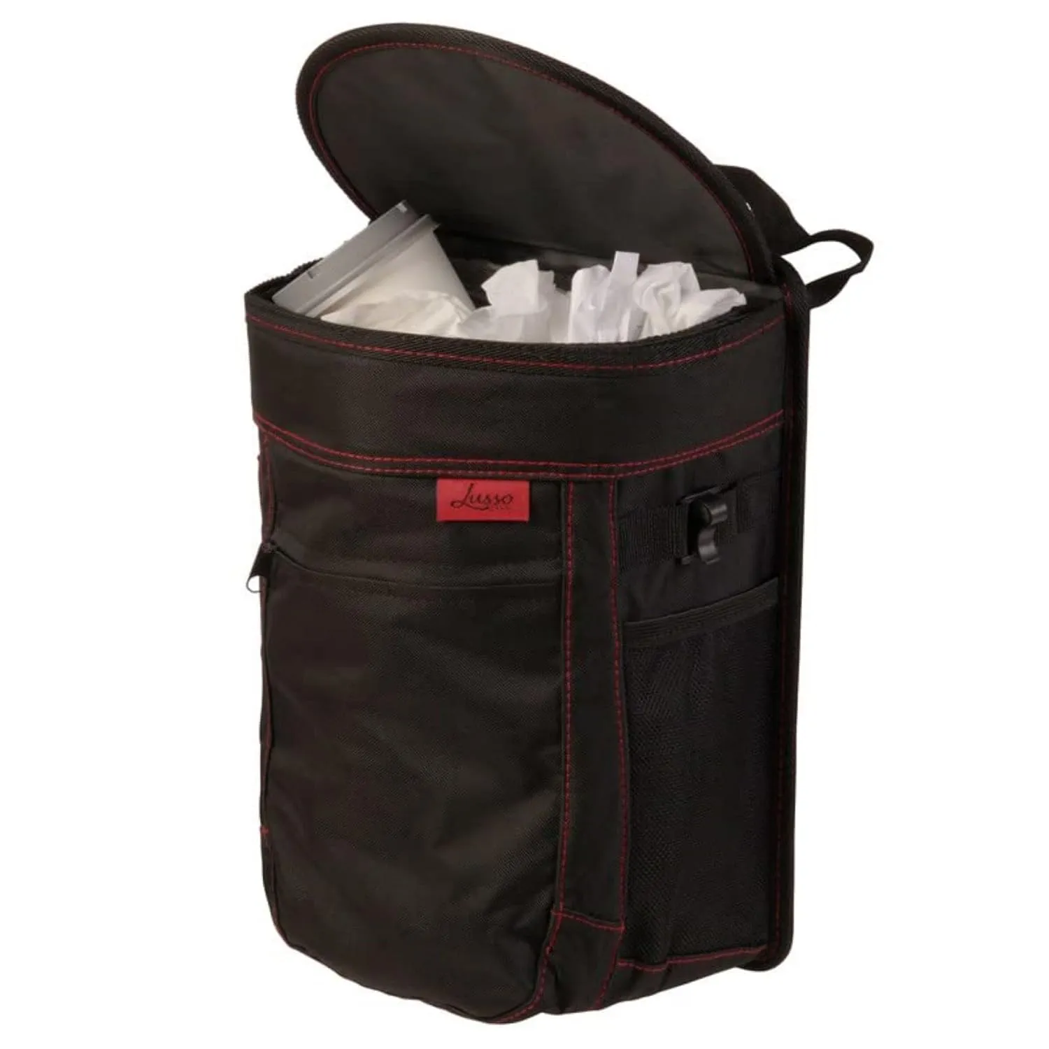 Lusso Gear Spill-Proof Car Trash Can (2.5 Gal) - Easy to Clean Hanging Garbage Bin - Leak Proof & Waterproof for Truck, SUV - Black with Red Stitching