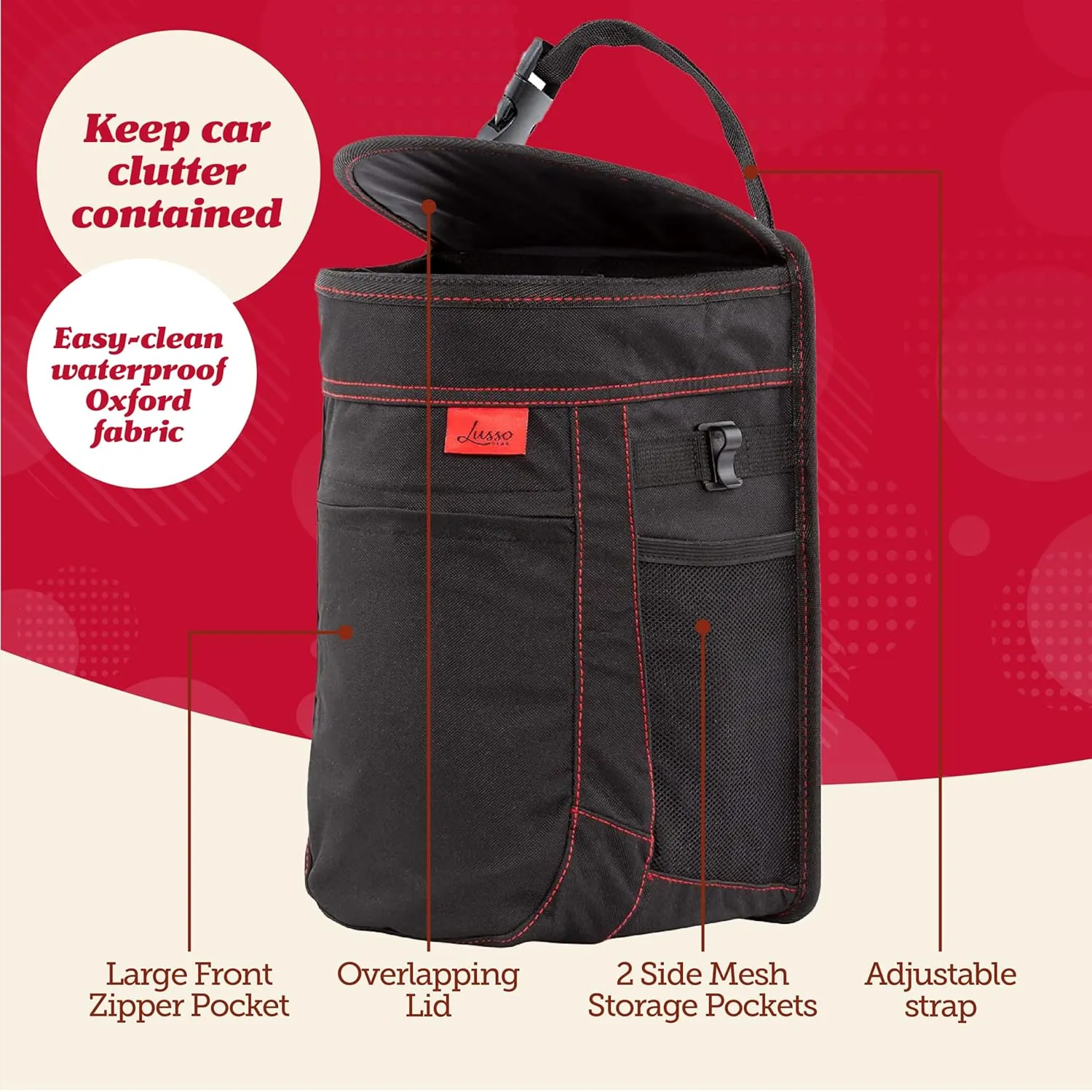Lusso Gear Spill-Proof Car Trash Can (2.5 Gal) - Easy to Clean Hanging Garbage Bin - Leak Proof & Waterproof for Truck, SUV - Black with Red Stitching