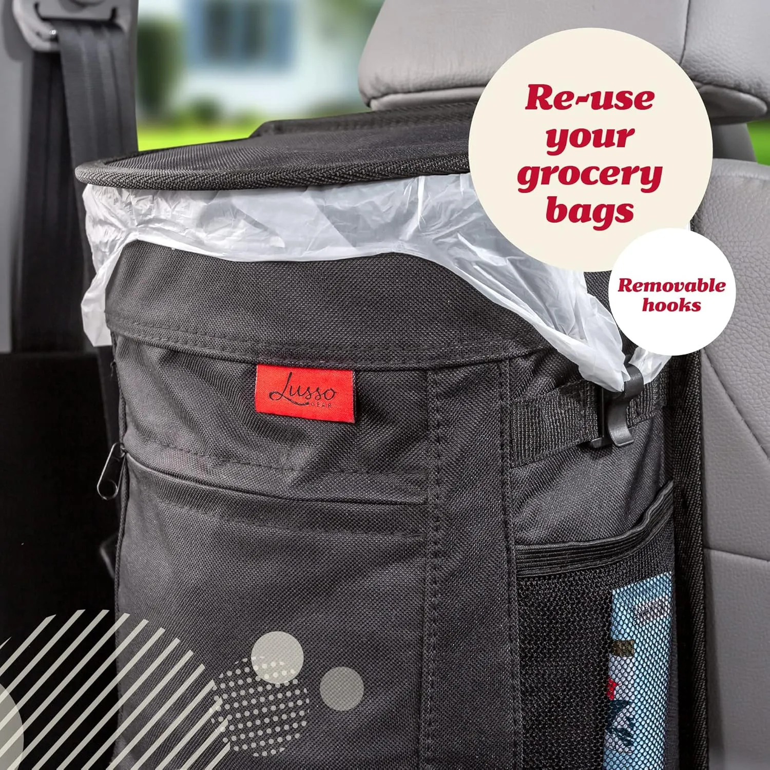 Lusso Gear Spill-Proof Car Trash Can (2.5 Gal) - Easy to Clean Hanging Garbage Bin - Leak Proof & Waterproof for Truck, SUV - Black with Red Stitching