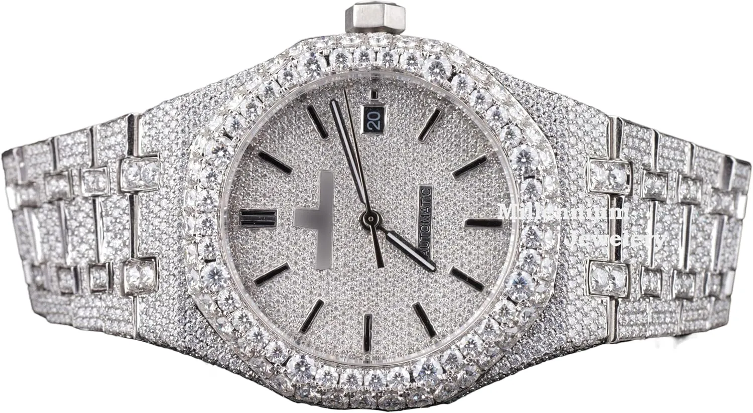 Luxury Iced Out Moissanite Watch for Men Fully Diamond Paved Automatic Timepiece with Date Display Hip Hop Bling Wrist Watch