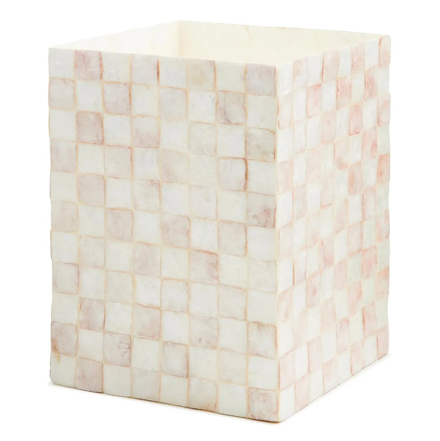 MACKENZIE-CHILDS Capiz Waste Bin, Decorative Bathroom and Bedroom Trash Can, Pink-and-White Rosy Check