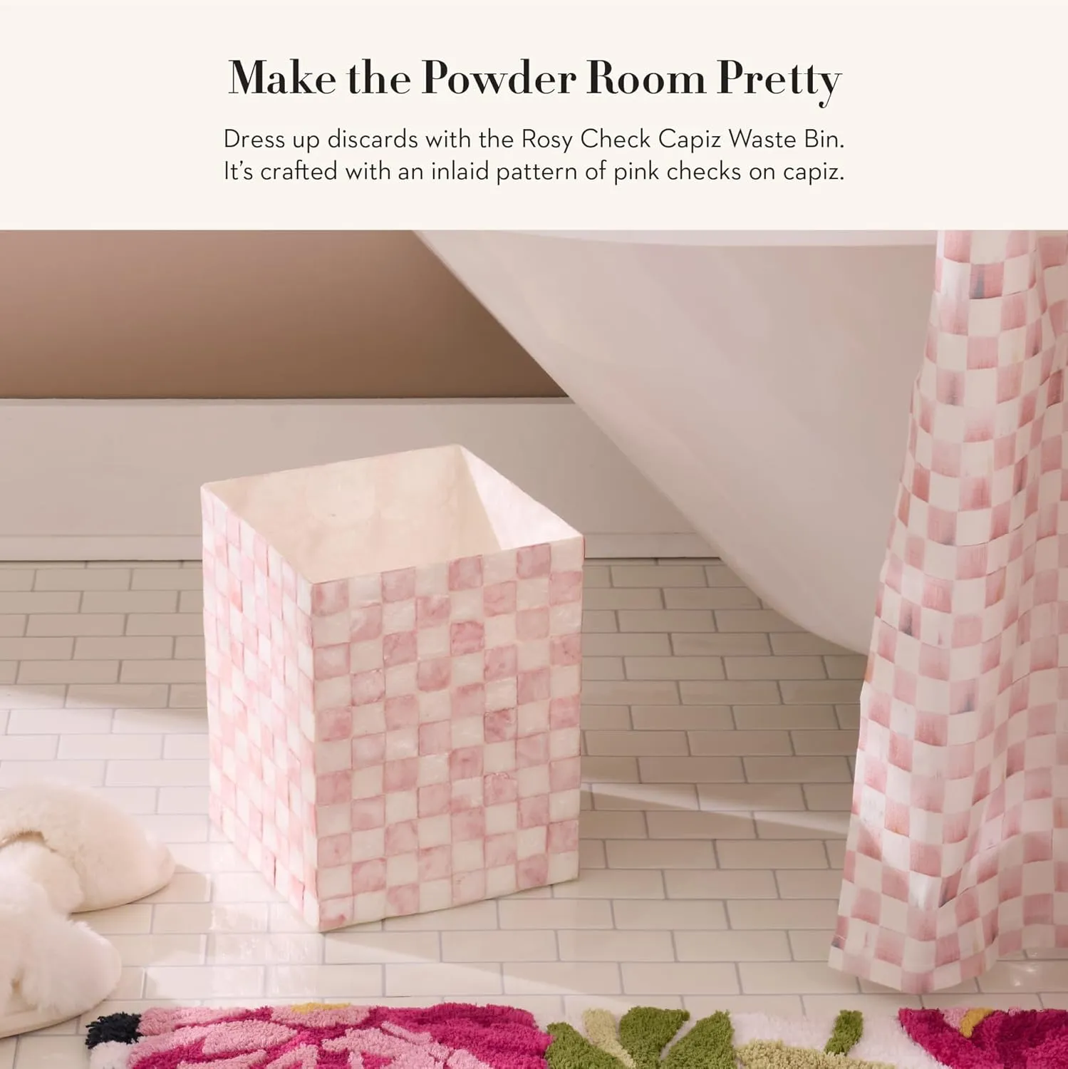 MACKENZIE-CHILDS Capiz Waste Bin, Decorative Bathroom and Bedroom Trash Can, Pink-and-White Rosy Check