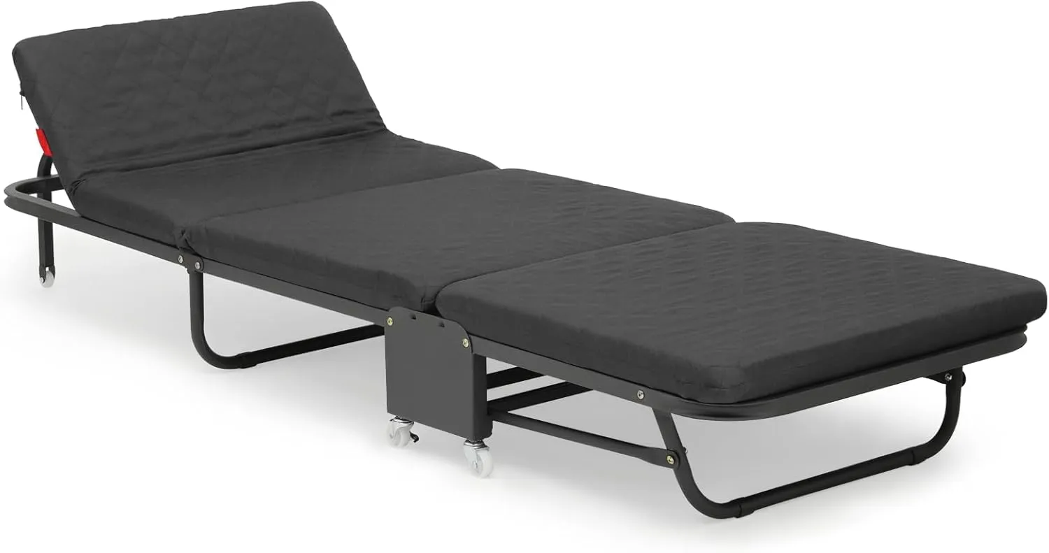 Magshion 71" Folding Cot for Adults with Mattress, 4 Adjustable Backrest & 7 Wheels (5 Swivel 360°, 2 Lockable, 2 Straight-line Movement), Portable Guest Bed for Home, Office, Max 330 lbs Load, Black