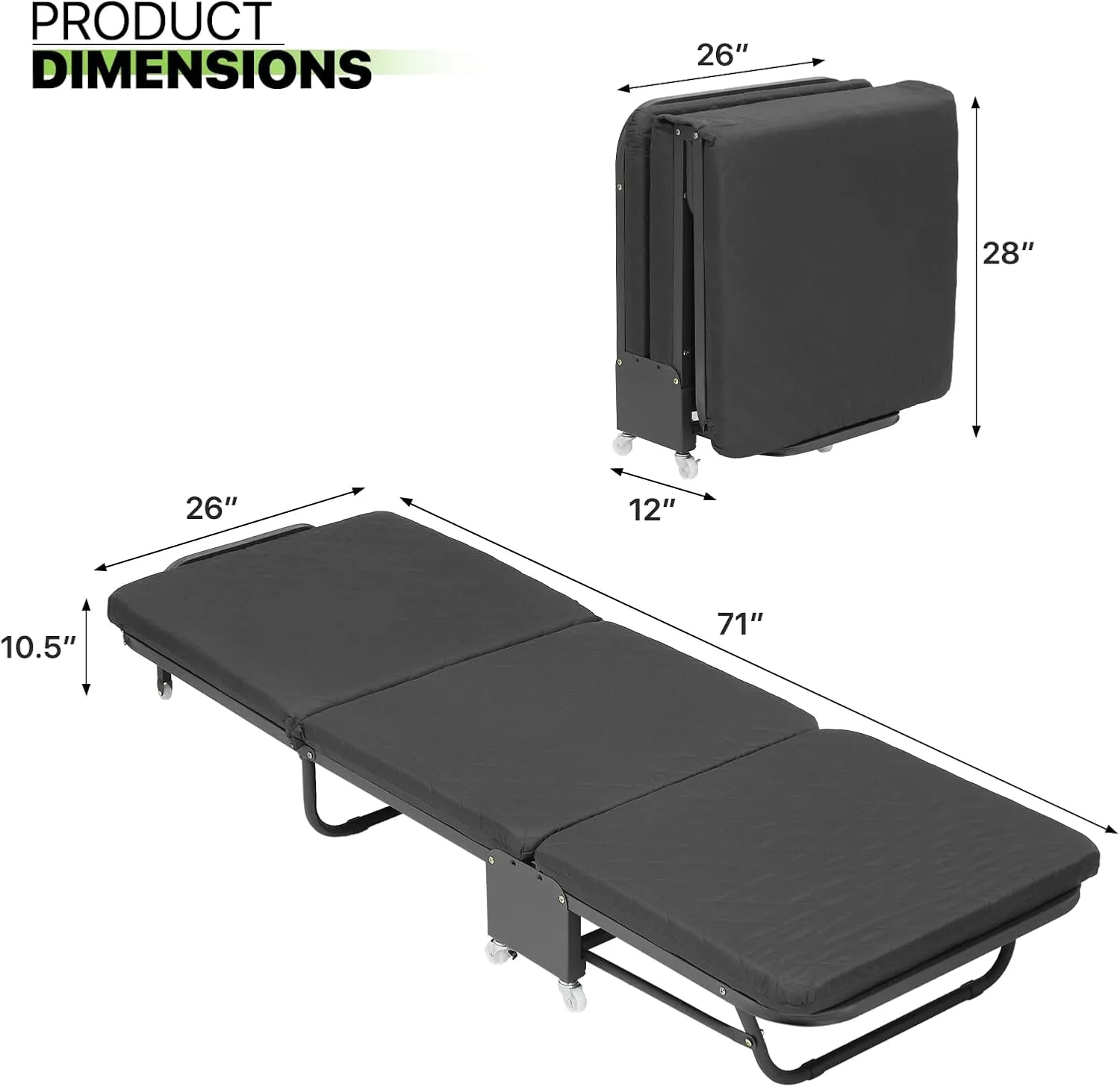 Magshion 71" Folding Cot for Adults with Mattress, 4 Adjustable Backrest & 7 Wheels (5 Swivel 360°, 2 Lockable, 2 Straight-line Movement), Portable Guest Bed for Home, Office, Max 330 lbs Load, Black