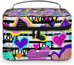 Make Up Bags Colorful Love Hearts Dots Stripes 80s 90s Cosmetics Organizer Case for Women, Travel Toiletry Brushes Storage Bag with Carry Handle