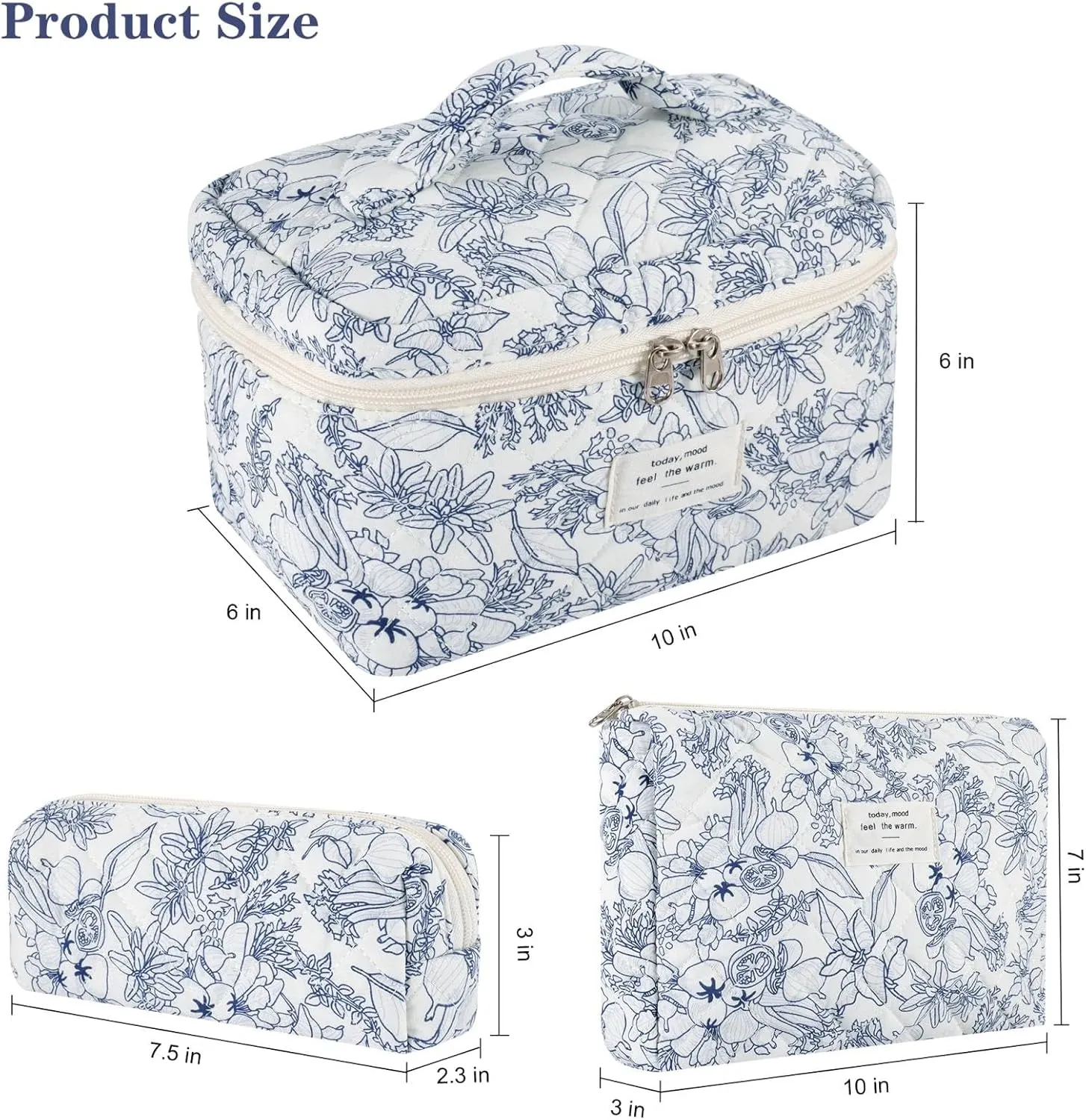 Makeup Bag, 3 Pcs Cotton Floral Quilted Makeup Bag Set, Large Toiletry Travel Cosmetic Bag for Women