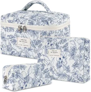 Makeup Bag, 3 Pcs Cotton Floral Quilted Makeup Bag Set, Large Toiletry Travel Cosmetic Bag for Women