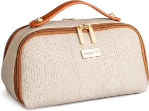 Makeup Bag - Large Capacity Travel Cosmetic Bag. Double Sided Water Resistant Leather Makeup Organizer for Women, with Handle and Divider.