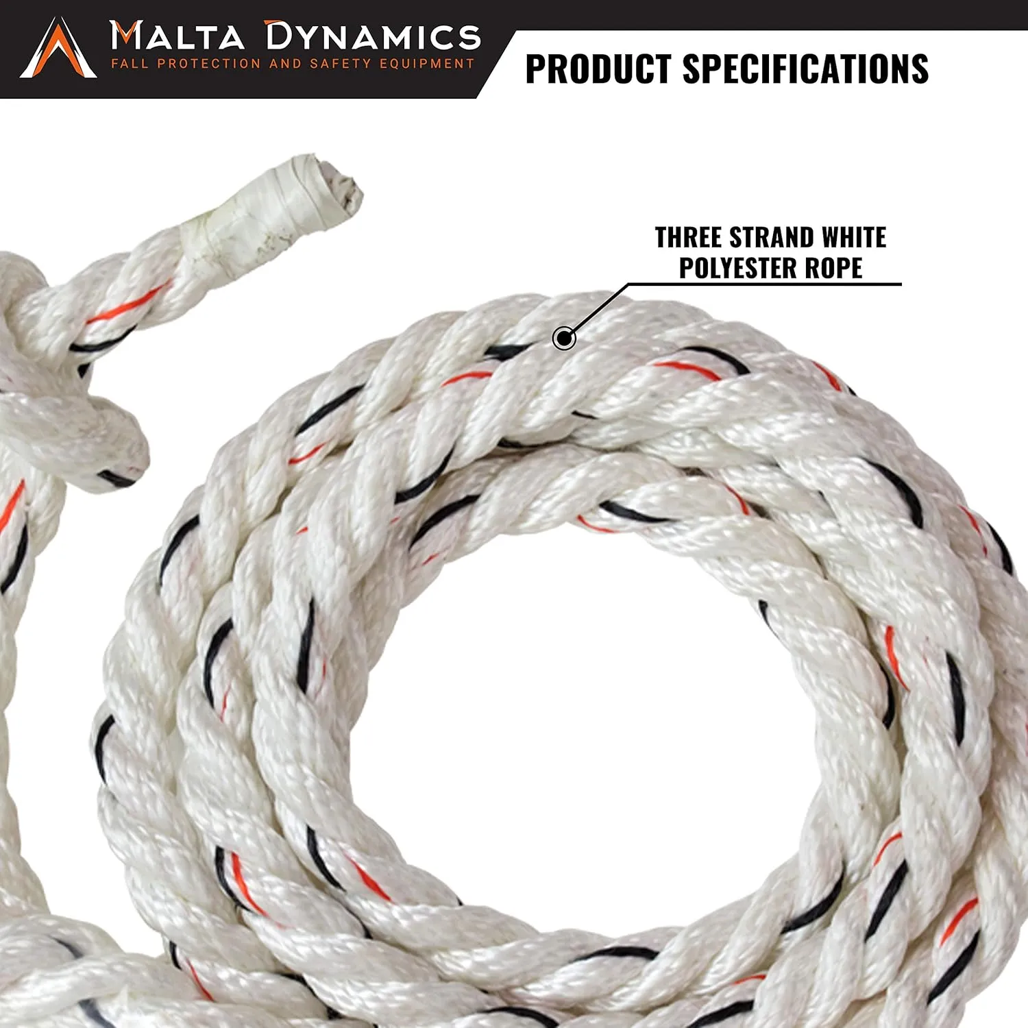 Malta Dynamics Vertical Lifeline Rope with Snap Hook for Climbing & Fall Protection, OSHA/ANSI Compliant, 25-Foot or 50-Foot (50-Foot)