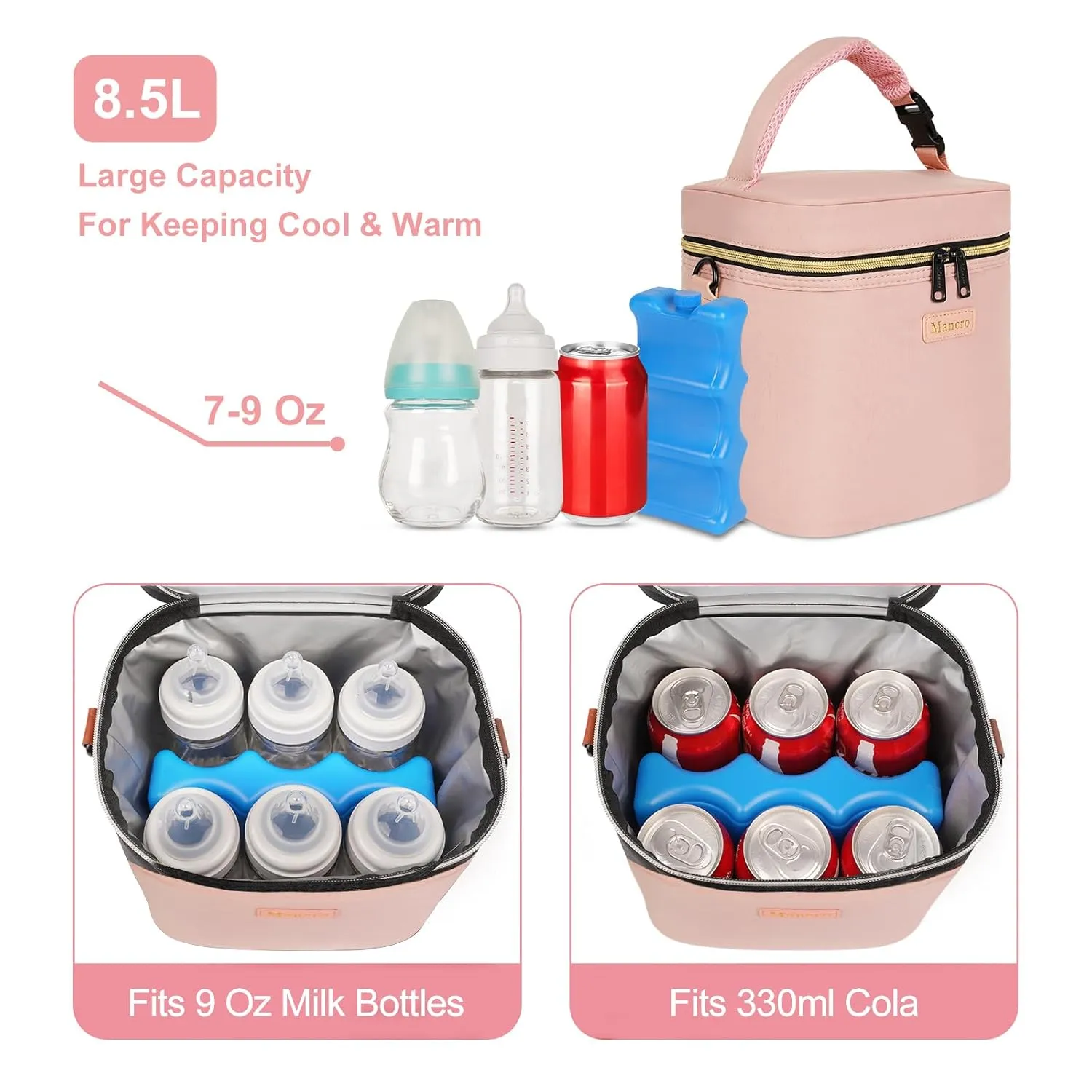 Mancro Breastmilk Cooler Bag Fits 6 Bottles Up to 9 Ounce, Insulated Baby Bottle Bag Comes with ice Pack and Shoulder Strap, Baby Bottle Cooler Bags for Daycare Nursing, Pink