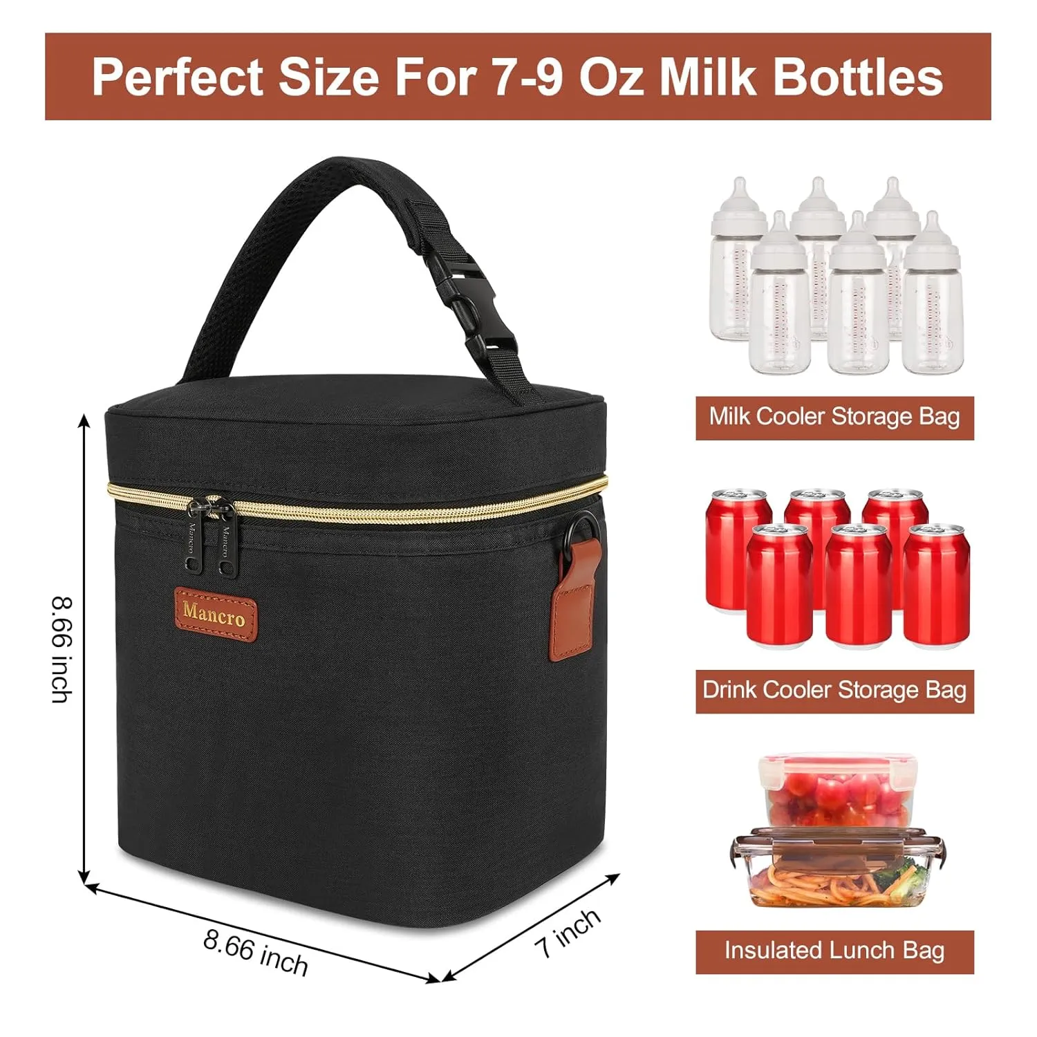 Mancro Breastmilk Cooler Bag with Ice Pack, Fits 6 Baby Bottles Up to 9 Ounce Insulated Bottle Bag, Breast Milk on The go Strap, for Nursing Mom Daycare, Black