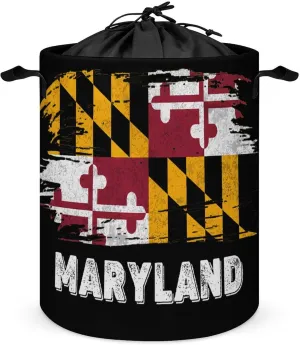 Maryland Flag Laundry Hamper,45L Round Drawstring Collapsible Laundry Basket with Handle 17in Waterproof Storage Basket for Bedroom Room-1
