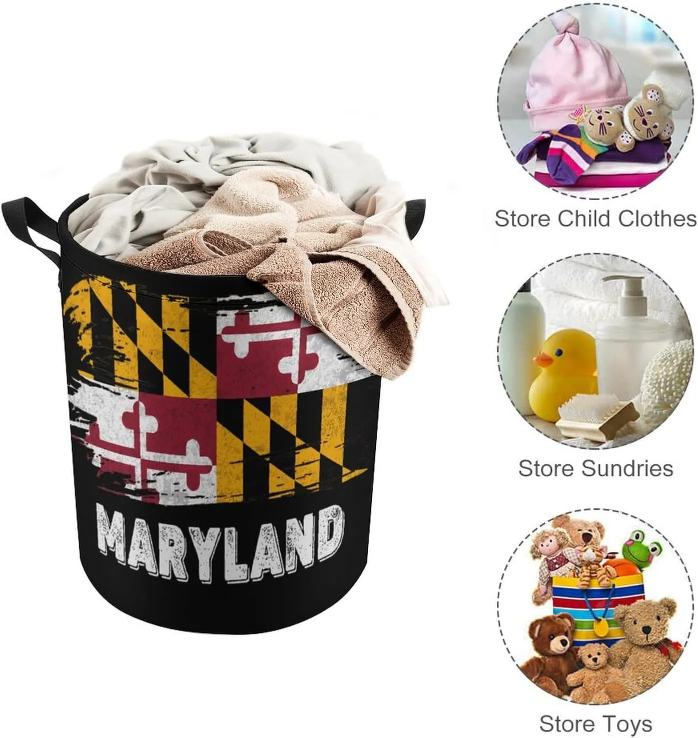 Maryland Flag Laundry Hamper,45L Round Drawstring Collapsible Laundry Basket with Handle 17in Waterproof Storage Basket for Bedroom Room-1