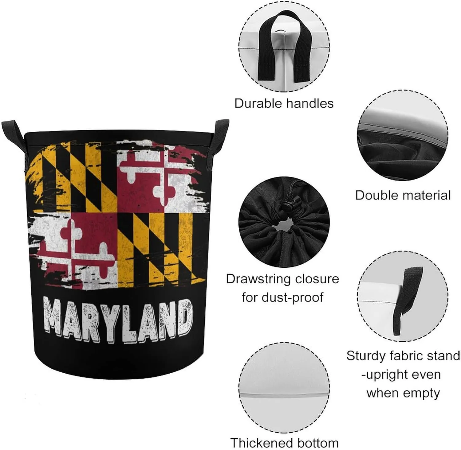 Maryland Flag Laundry Hamper,45L Round Drawstring Collapsible Laundry Basket with Handle 17in Waterproof Storage Basket for Bedroom Room-1