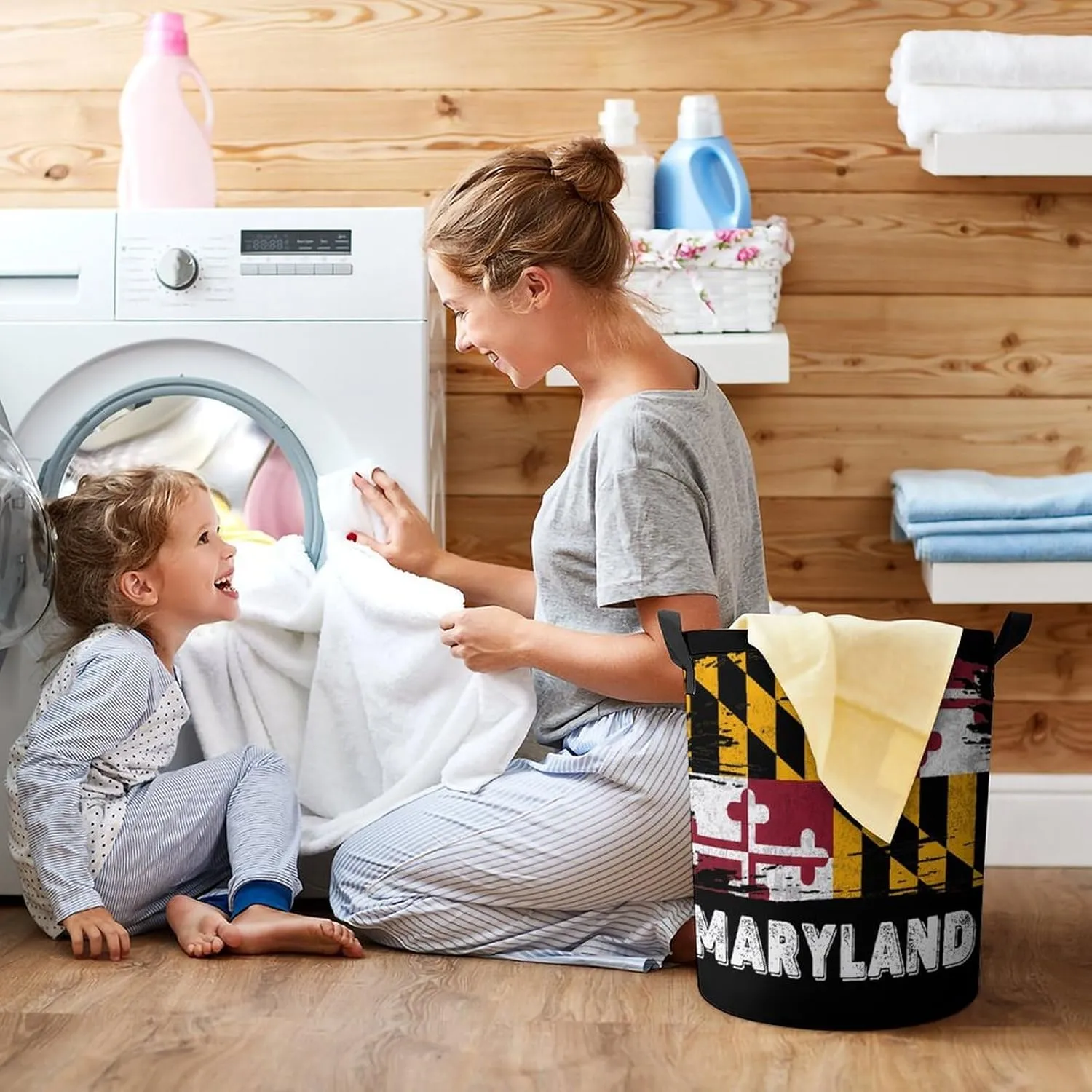 Maryland Flag Laundry Hamper,45L Round Drawstring Collapsible Laundry Basket with Handle 17in Waterproof Storage Basket for Bedroom Room-1