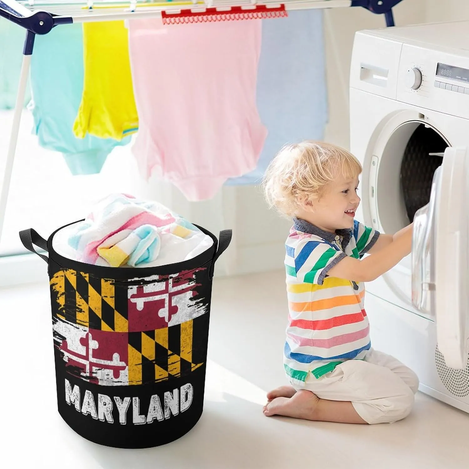 Maryland Flag Laundry Hamper,45L Round Drawstring Collapsible Laundry Basket with Handle 17in Waterproof Storage Basket for Bedroom Room-1