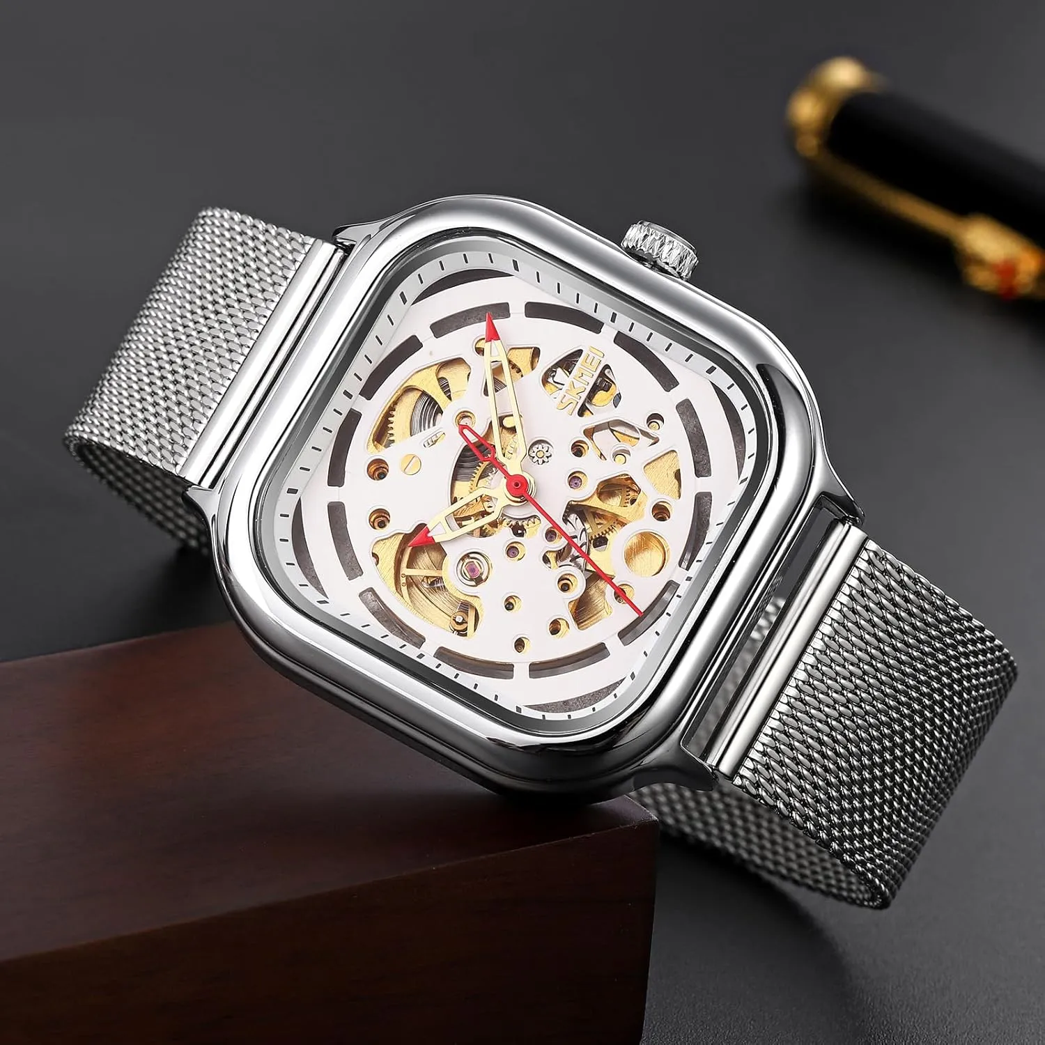 MASTOP Automatic Watches Mechanical Wrist Watch Golden for Mens Skeleton Watches with Stainless Steel Case Dial with Royal Flower Movement Carving