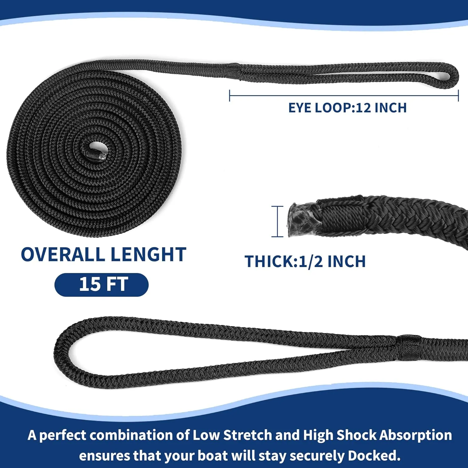 MaxWorks 51001 Marine Grade Double Braided Nylon Dock Line 4 Pack 1/2 inch x 15 ft 12 inch Spliced Eye Heavy Duty Boat Mooring Rope for Docking Black UV Weather Resistant Professional Finish Boat