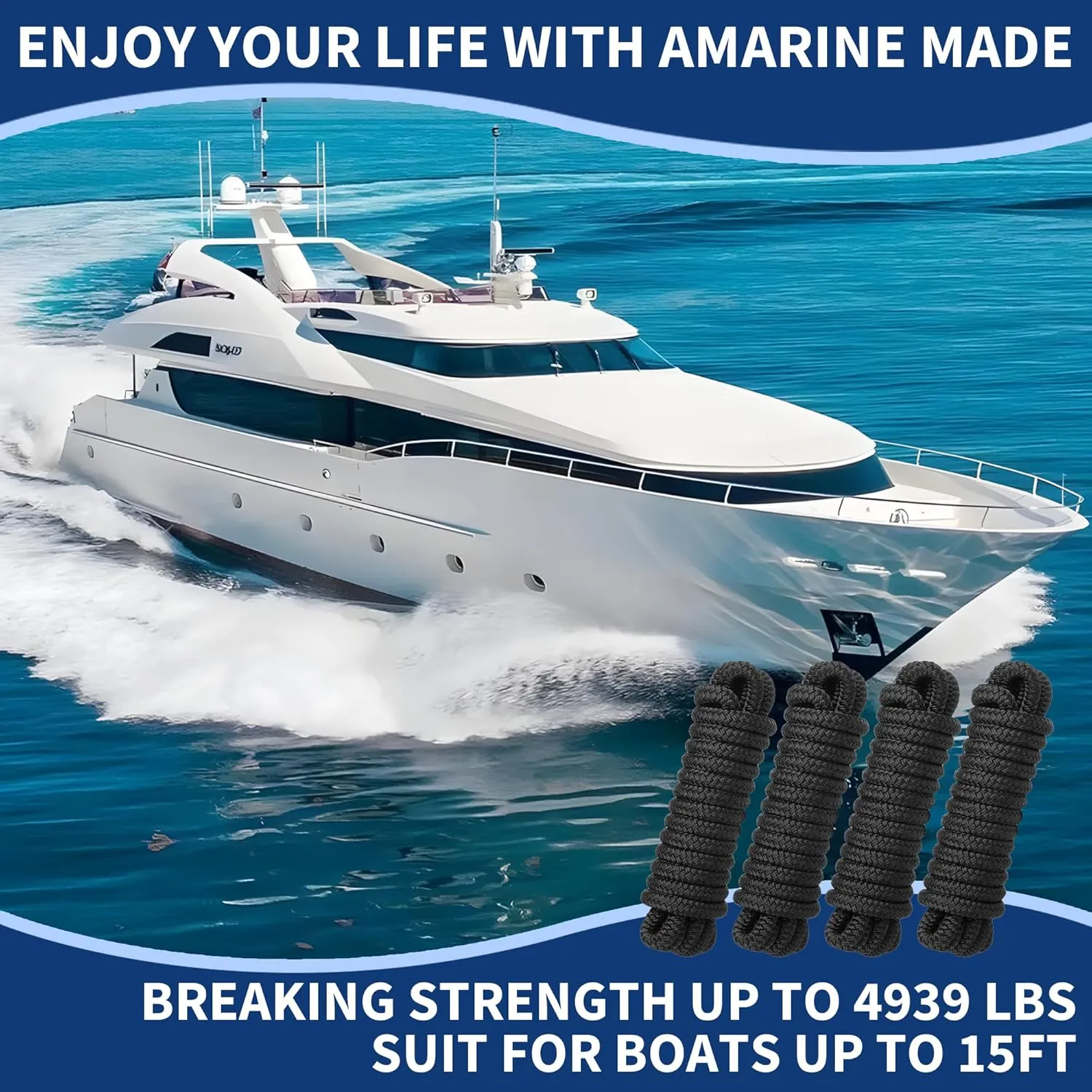 MaxWorks 51001 Marine Grade Double Braided Nylon Dock Line 4 Pack 1/2 inch x 15 ft 12 inch Spliced Eye Heavy Duty Boat Mooring Rope for Docking Black UV Weather Resistant Professional Finish Boat