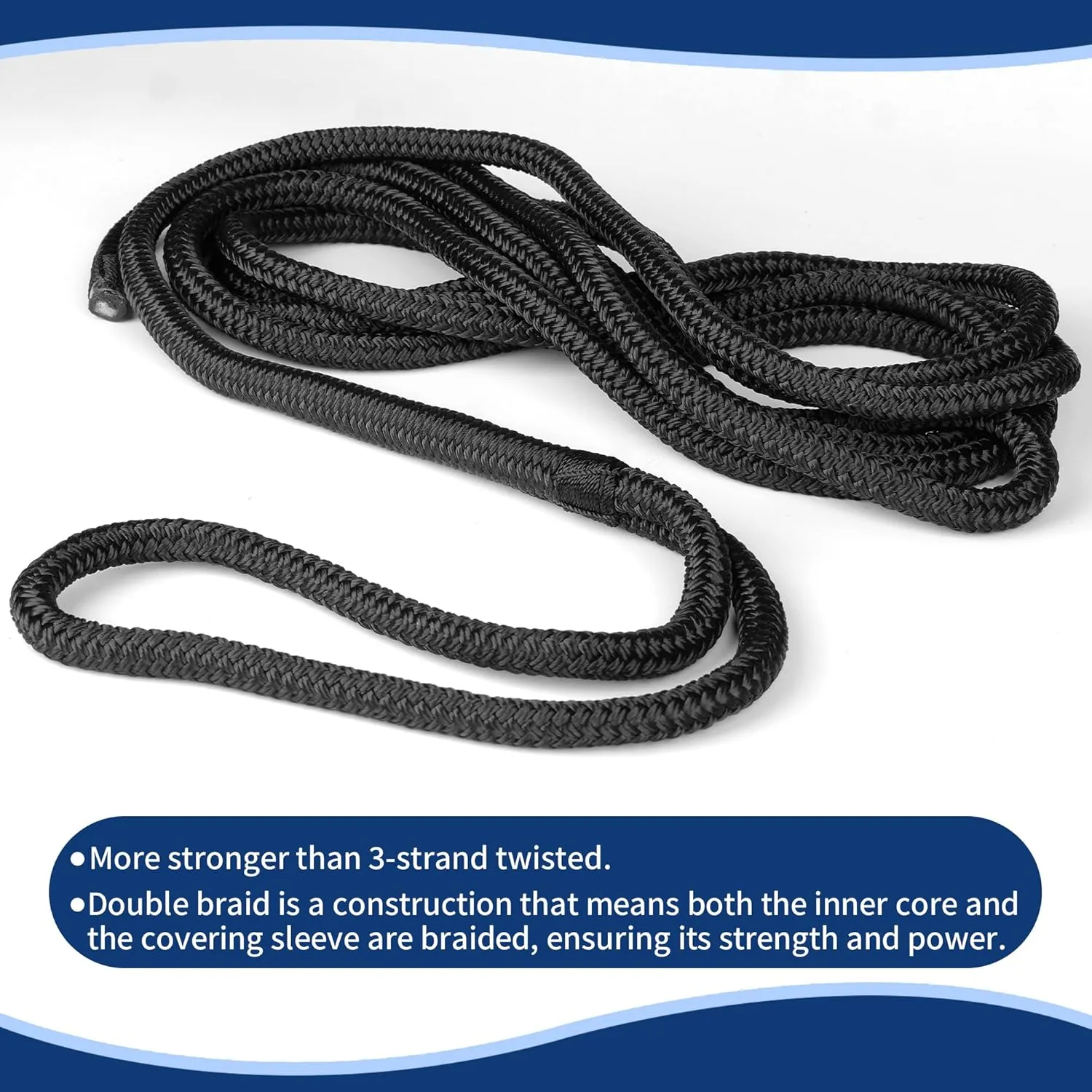 MaxWorks 51001 Marine Grade Double Braided Nylon Dock Line 4 Pack 1/2 inch x 15 ft 12 inch Spliced Eye Heavy Duty Boat Mooring Rope for Docking Black UV Weather Resistant Professional Finish Boat