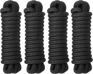 MaxWorks 51001 Marine Grade Double Braided Nylon Dock Line 4 Pack 1/2 inch x 15 ft 12 inch Spliced Eye Heavy Duty Boat Mooring Rope for Docking Black UV Weather Resistant Professional Finish Boat