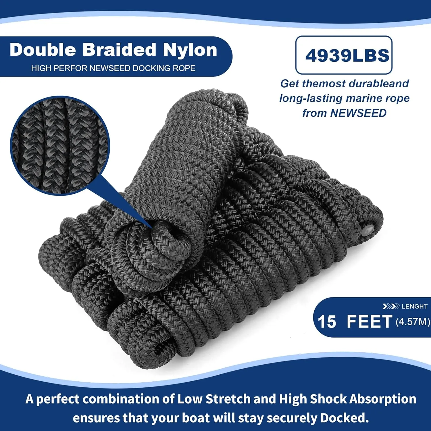 MaxWorks 51001 Marine Grade Double Braided Nylon Dock Line 4 Pack 1/2 inch x 15 ft 12 inch Spliced Eye Heavy Duty Boat Mooring Rope for Docking Black UV Weather Resistant Professional Finish Boat