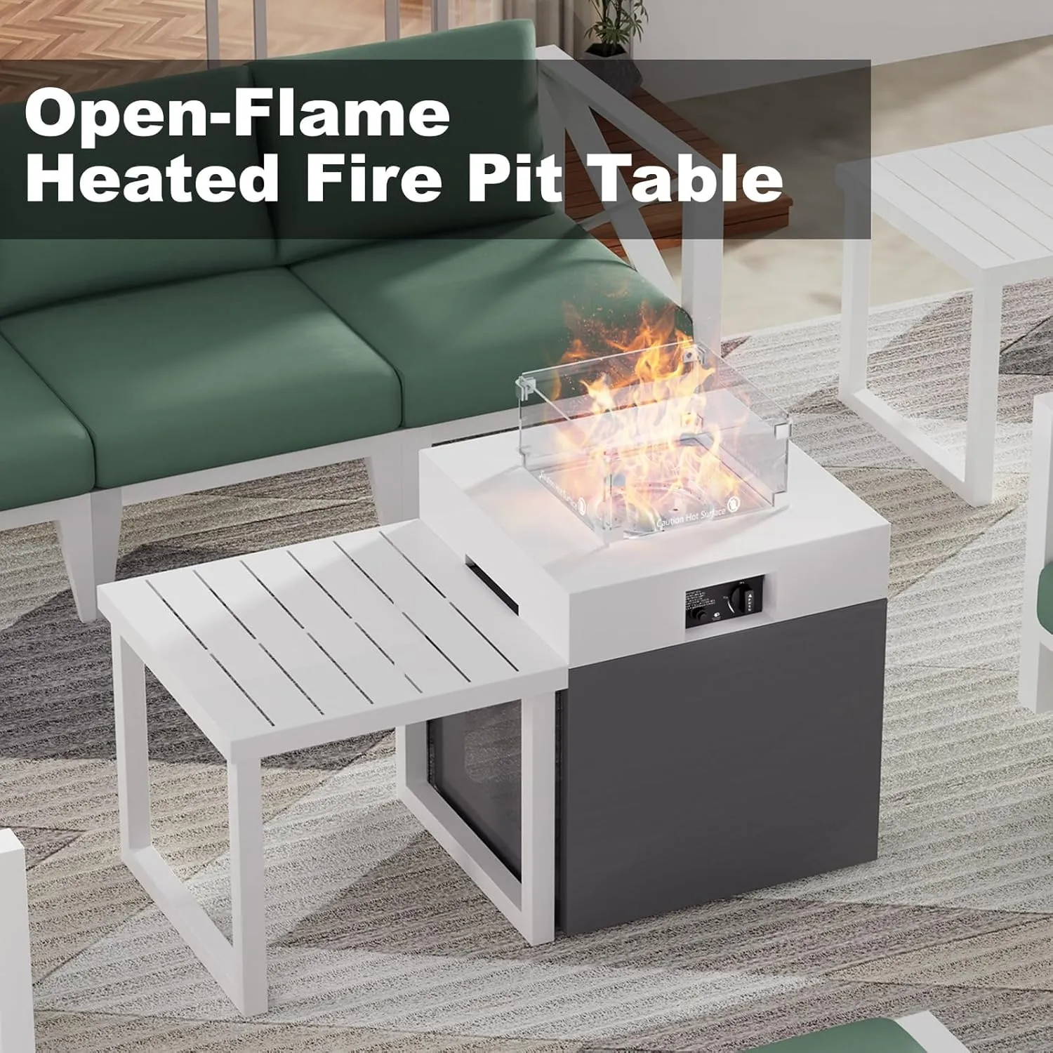 MBY Outdoor Aluminum Patio Furniture Set, 4-Seats Patio Conversation Sofa Set with 1 Corner Sofa and 37,000 BTU Fire Pit Table w/Glass Wind Guard, All Weather for Pool, Garden-White
