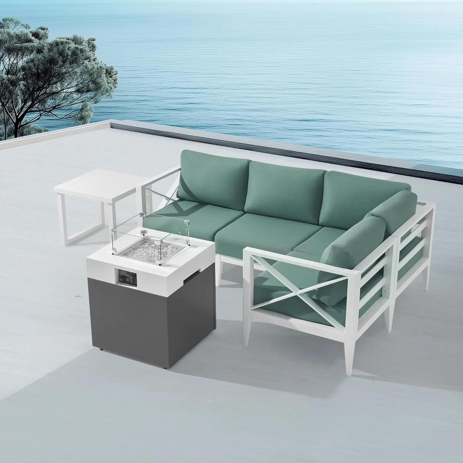 MBY Outdoor Aluminum Patio Furniture Set, 4-Seats Patio Conversation Sofa Set with 1 Corner Sofa and 37,000 BTU Fire Pit Table w/Glass Wind Guard, All Weather for Pool, Garden-White