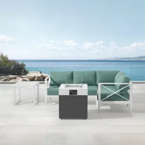 MBY Outdoor Aluminum Patio Furniture Set, 4-Seats Patio Conversation Sofa Set with 1 Corner Sofa and 37,000 BTU Fire Pit Table w/Glass Wind Guard, All Weather for Pool, Garden-White