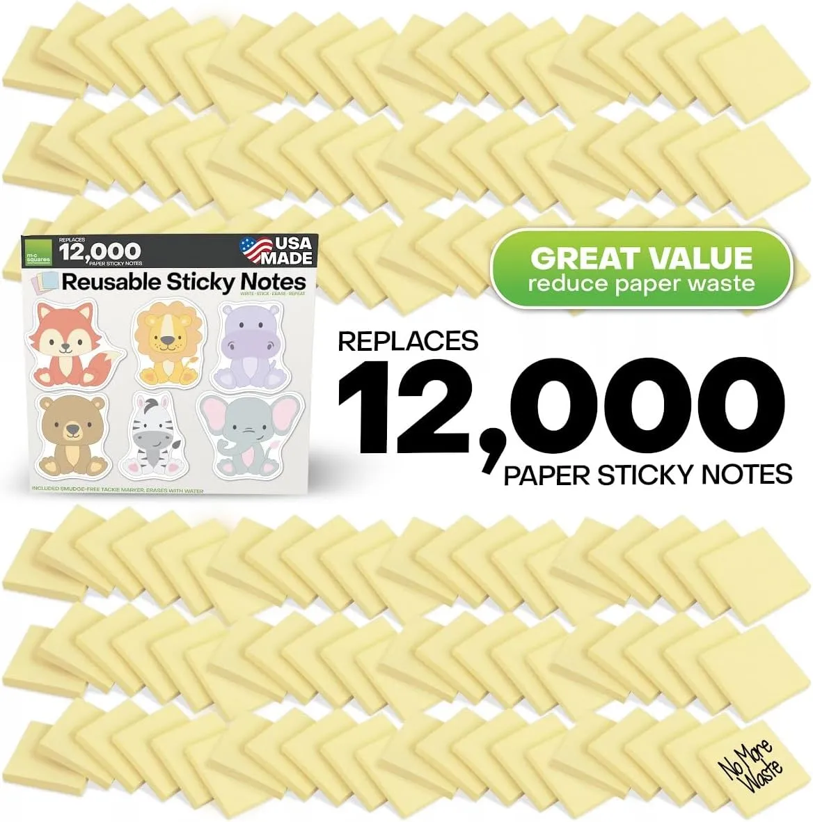 M.C. Squares Reusable Cute Sticky Notes | 3x3 Baby Animal Stickies 6-Pack | 2-Year Re-Stickable Wet and Dry Erase Post Notes | Smudge-Free Tackie Marker | USA Made