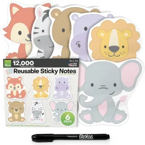 M.C. Squares Reusable Cute Sticky Notes | 3x3 Baby Animal Stickies 6-Pack | 2-Year Re-Stickable Wet and Dry Erase Post Notes | Smudge-Free Tackie Marker | USA Made