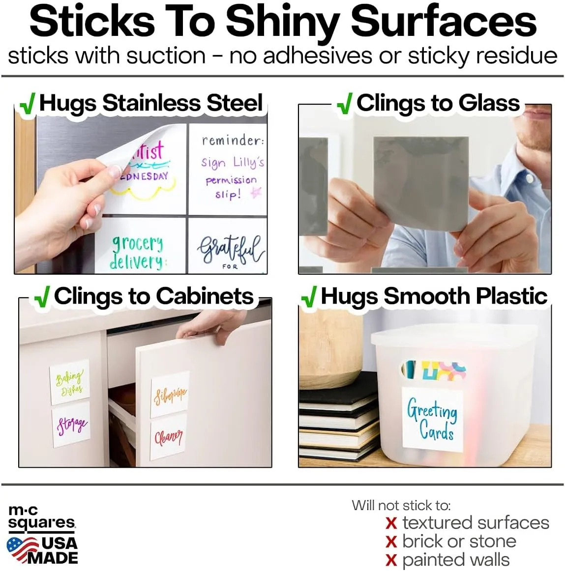 M.C. Squares Reusable Cute Sticky Notes | 3x3 Baby Animal Stickies 6-Pack | 2-Year Re-Stickable Wet and Dry Erase Post Notes | Smudge-Free Tackie Marker | USA Made