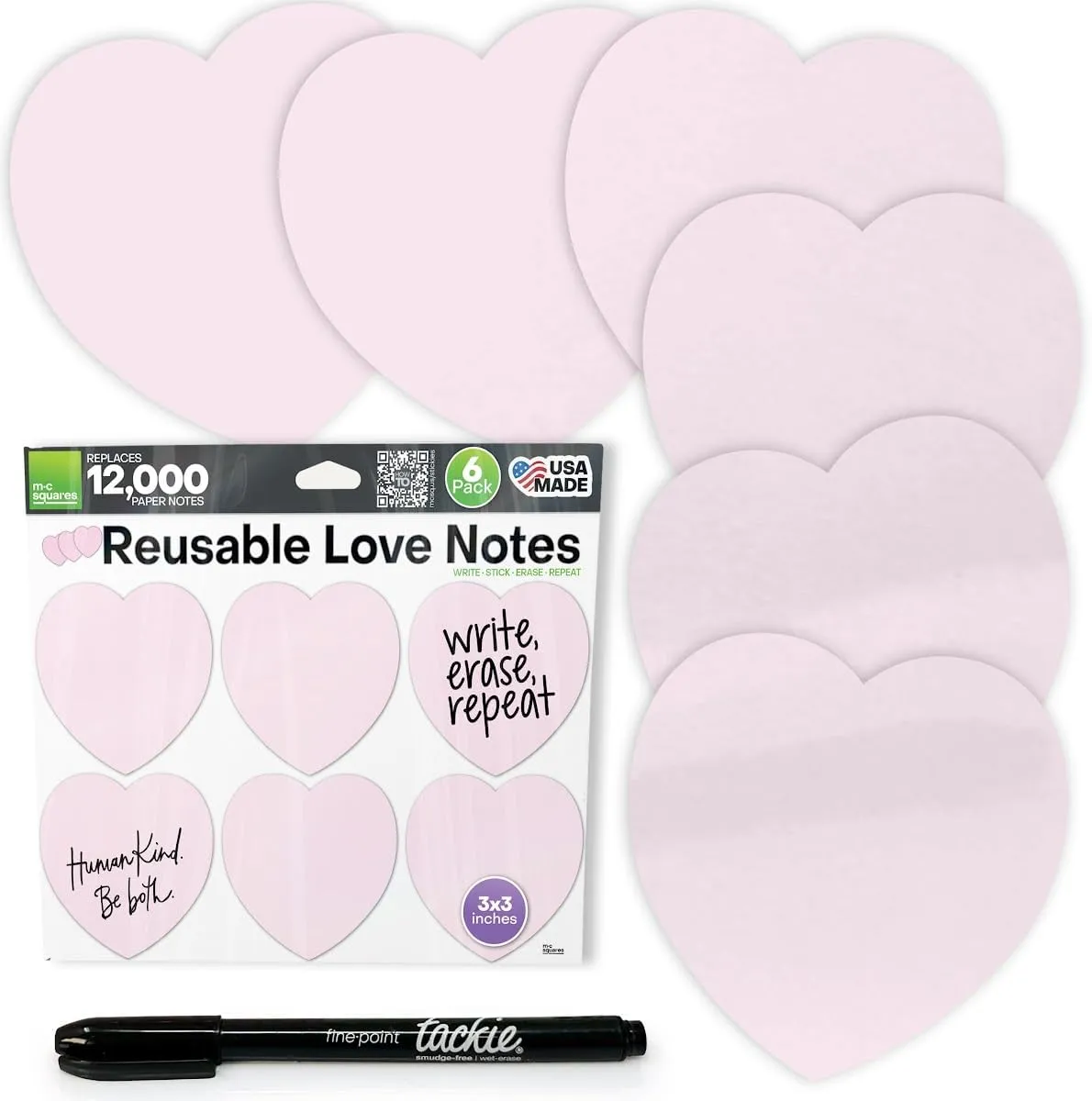 M.C. Squares Reusable Love Notes | 3x3 Heart Stickies 6-Pack | 2-Year Re-Stickable Wet and Dry Erase Post Notes | Smudge-Free Tackie Marker | USA Made