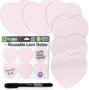 M.C. Squares Reusable Love Notes | 3x3 Heart Stickies 6-Pack | 2-Year Re-Stickable Wet and Dry Erase Post Notes | Smudge-Free Tackie Marker | USA Made