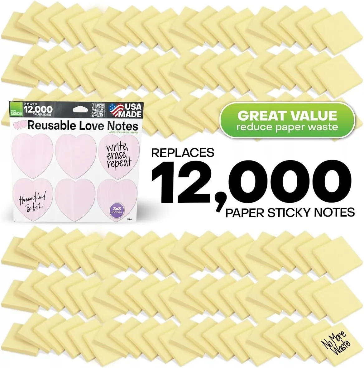 M.C. Squares Reusable Love Notes | 3x3 Heart Stickies 6-Pack | 2-Year Re-Stickable Wet and Dry Erase Post Notes | Smudge-Free Tackie Marker | USA Made
