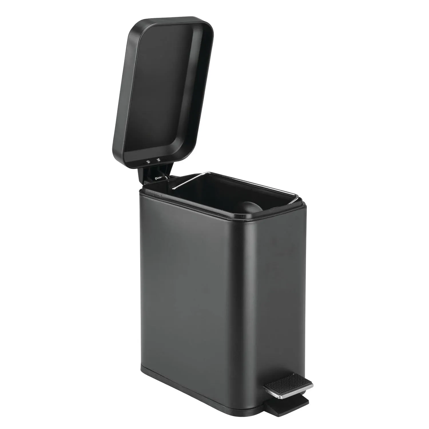 mDesign Small Modern 1.3 Gallon Rectangle Metal Lidded Step Trash Can, Compact Garbage Bin with Removable Liner Bucket and Handle for Bathroom, Kitchen, Craft Room, Office, Garage - Black