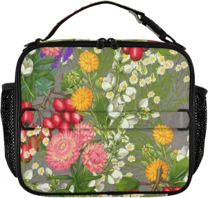 Medicinal Flowers Plant Lunch Box Summer Tropical Floral Meal Tote Kids Lunch Bag Insulated Reusable Cooler Soft Shoulder Bag Mini Cooling Back to School
