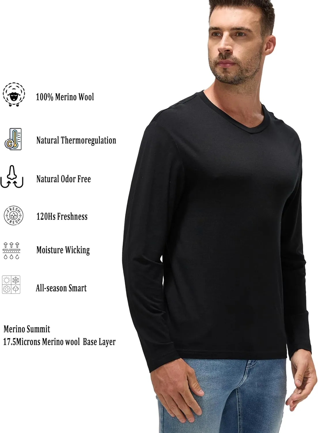 Men's 100% Superfine Merino Wool Base Layer - All-Season Smart Odor-Free for Spring Outdoors