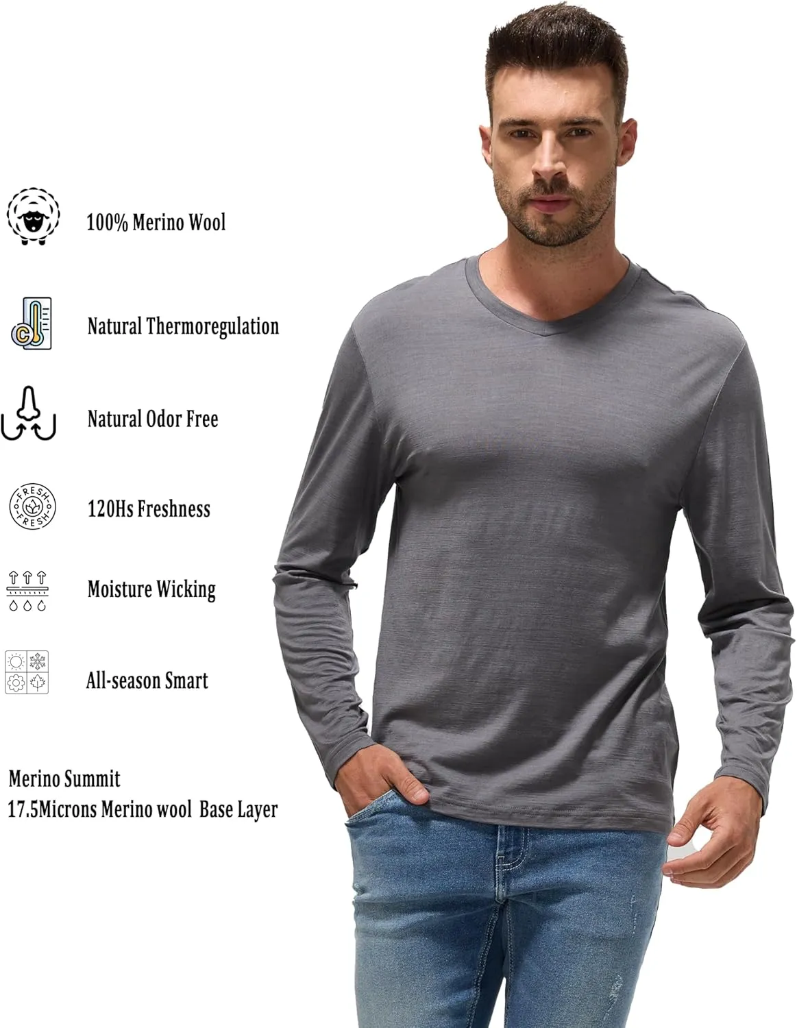 Men's 100% Superfine Merino Wool Base Layer - All-Season Smart Odor-Free for Spring Outdoors