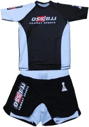 Men's BJJ, No GI, MMA, Compression Top Plus Shorts with Pockets Double-Layer Quick Dry - BJJ Grading Set - 2 PCS (White Belt, Large)