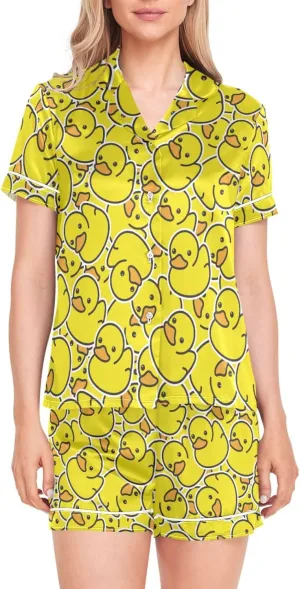 Meouocoe Womens Satin Silk Yellow Rubber Duck Pajamas Set Short Sleeve Button Down Sleepwear 2 Piece Pjs Set