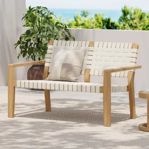 Merax Patio Furniture Acacia Wood Bench, Woven Rope Outdoor Loveseat Sofa, 2-Person Deep Seating Porch Bench for Garden, Backyard Park Balcony, Light Teak Finish & White