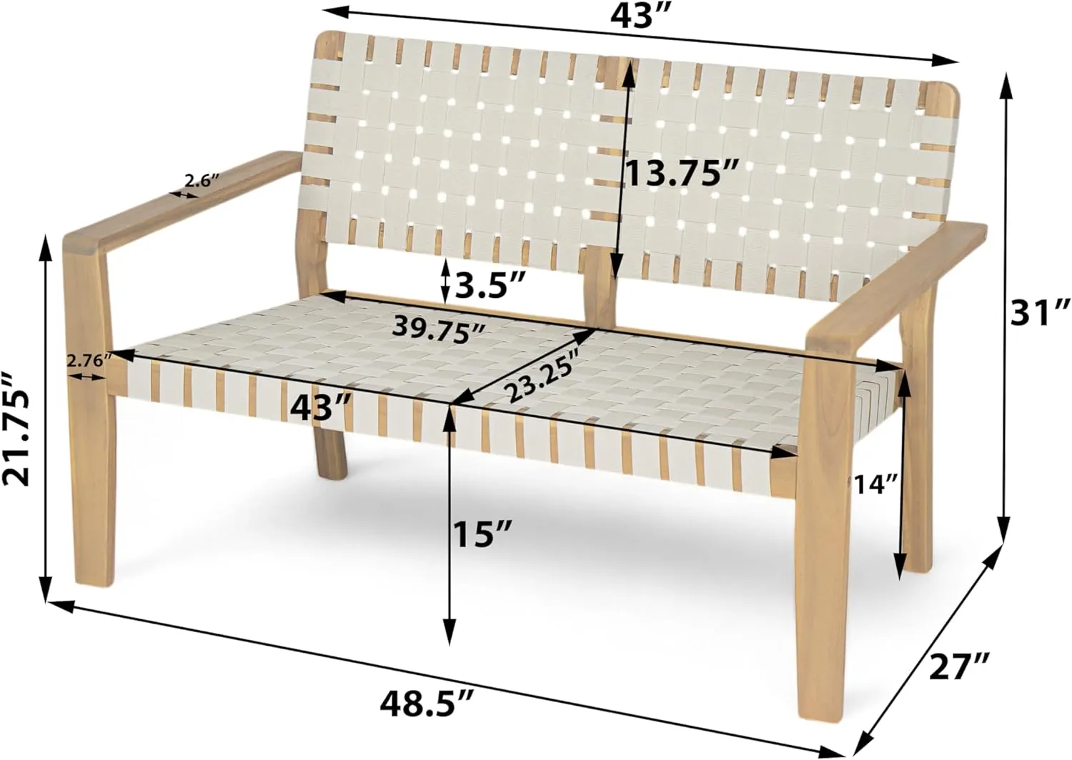 Merax Patio Furniture Acacia Wood Bench, Woven Rope Outdoor Loveseat Sofa, 2-Person Deep Seating Porch Bench for Garden, Backyard Park Balcony, Light Teak Finish & White