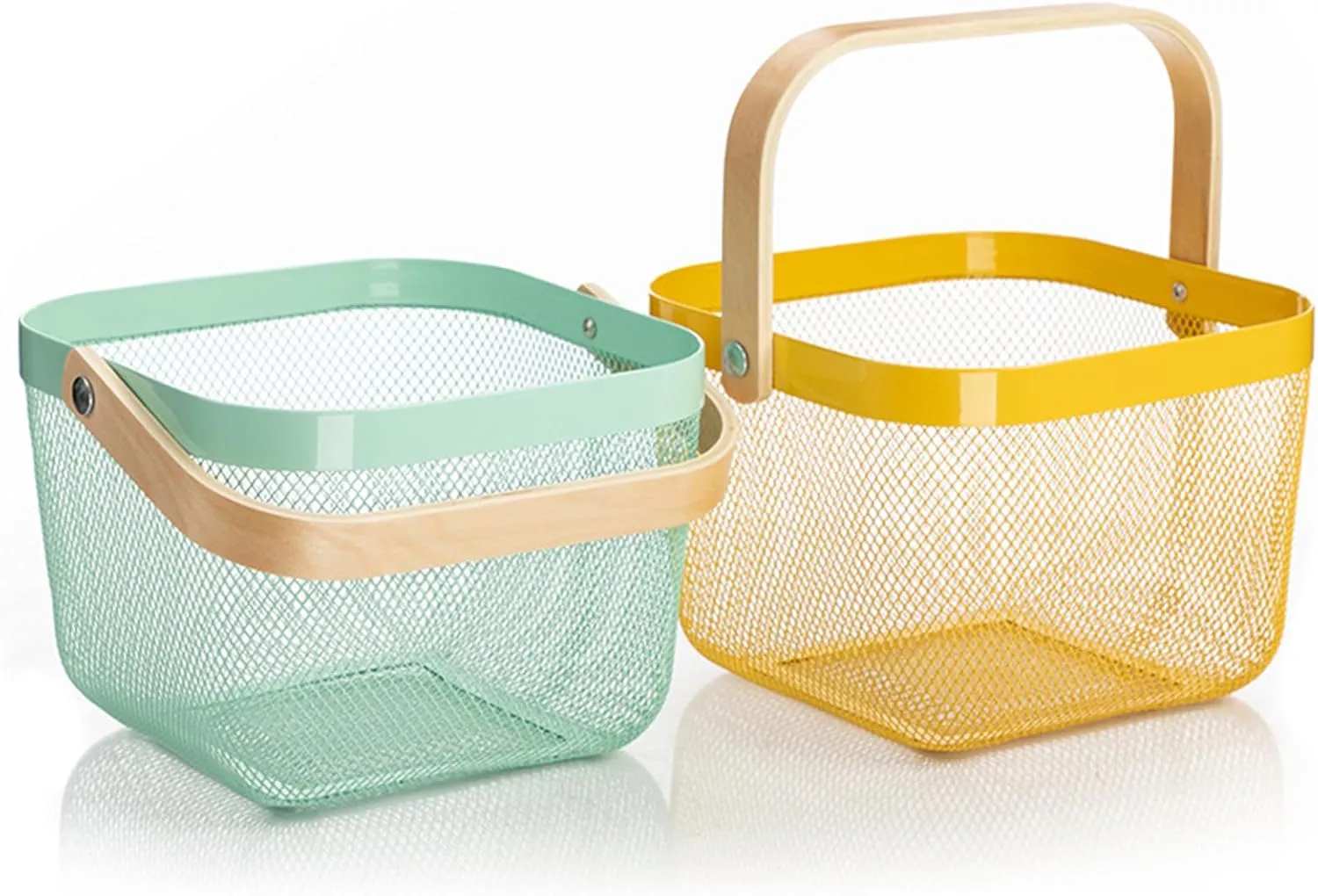 Metal Mesh Steel Basket, Storage Organizer Basket Multi-functional Hanging Kitchen Baskets Fruit Basket with Wooden Handle for Kitchen Bathroom Picnic Shopping Decor Cabinet Home, Macaron Blue
