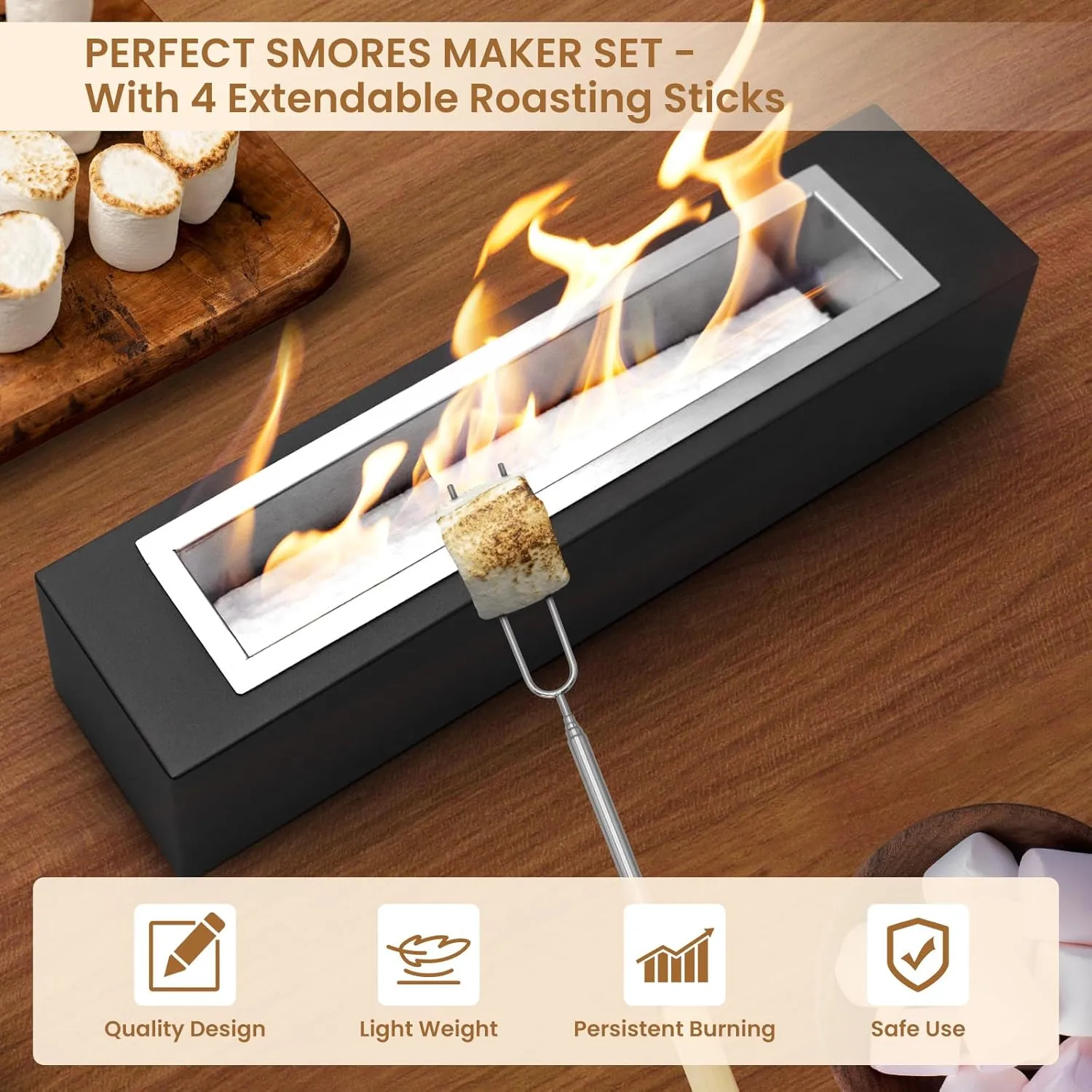 Metal Rectangle Tabletop Fire Pit Smores Maker with 4 Extendable Roasting Sticks Large Indoor & Outdoor Fireplace for Patio Gifts for Gatherings Parties Housewarming Birthday