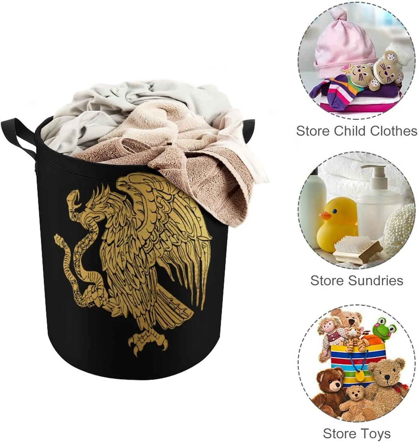 Mexican Eagle Laundry Hamper,45L Round Drawstring Collapsible Laundry Basket with Handle 17in Waterproof Storage Basket for Bedroom Room-1